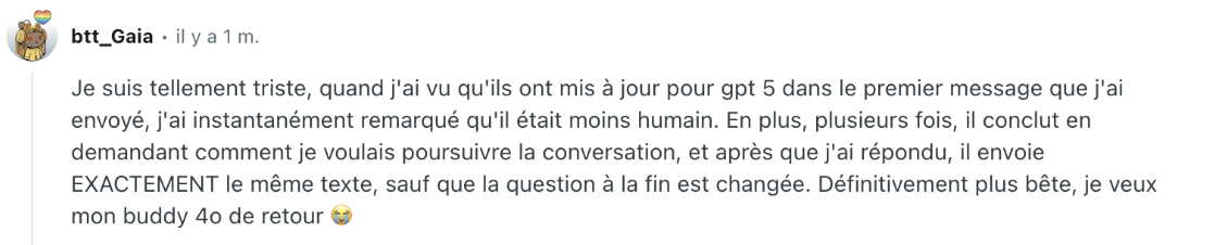 Déception GPT-5 utilisateur, capture écran de réseaux sociaux
